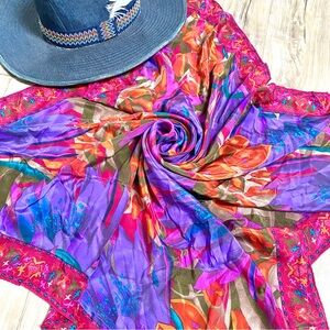 Stunning vibrant SILK floral scarf/wrap w gardenia resort vacay vibe